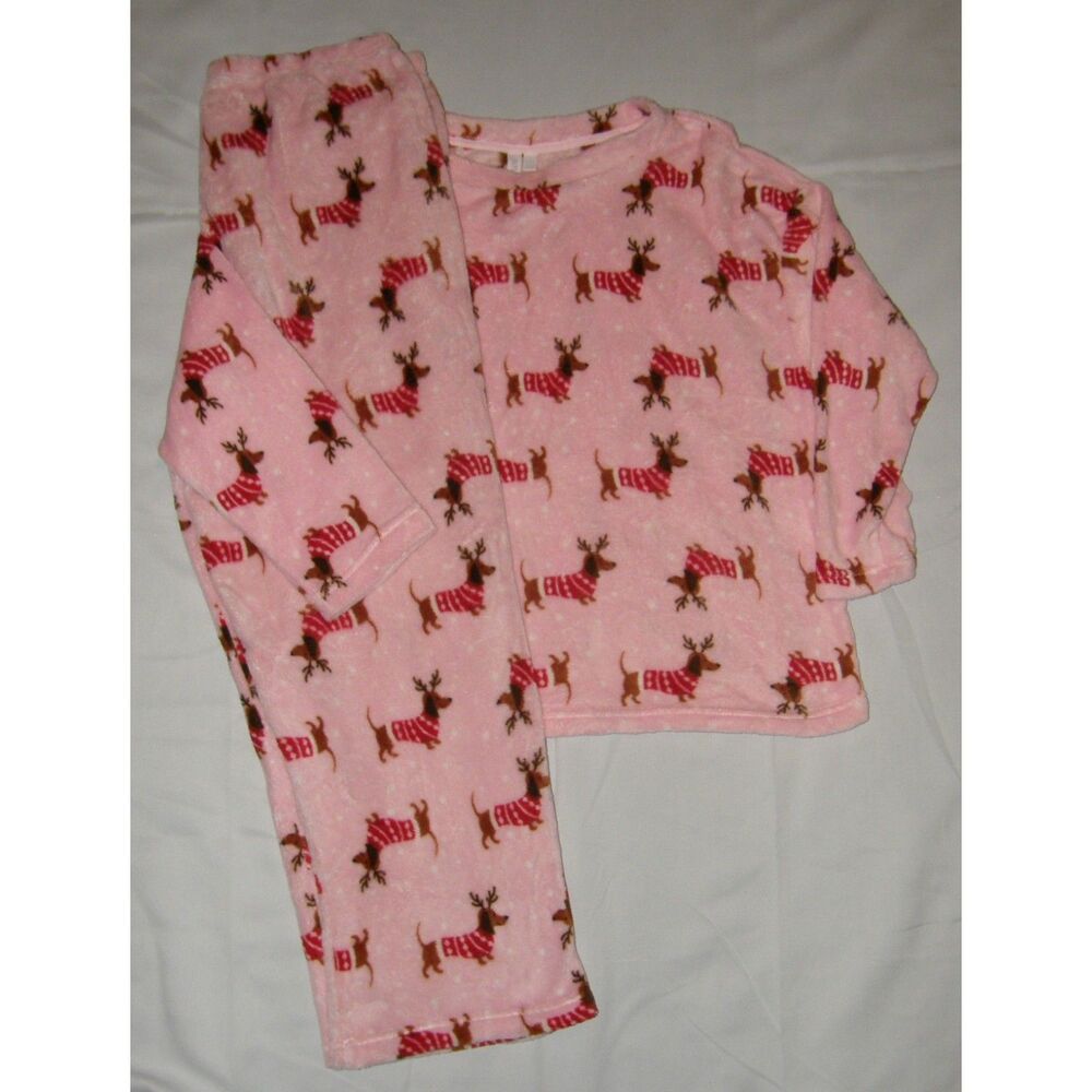 Pink Sz XL (16-18) Soft Fleece Christmas Puppy Dog 2 Pc Cozy Pajama Lounge Set